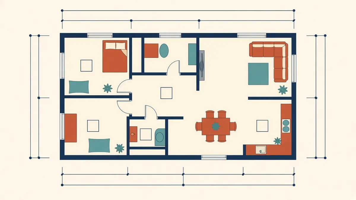 A floor plan with clean dimension strings, room tags and door tags laid out in orderly layers