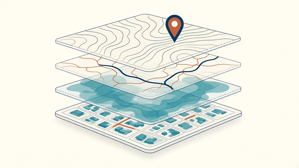 Layered GIS maps showing flood zones, transport and land use around a site