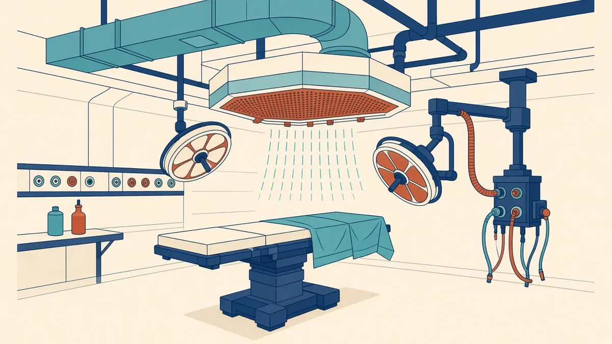 An operating theatre ceiling with laminar airflow canopy, medical gas pendants and lights