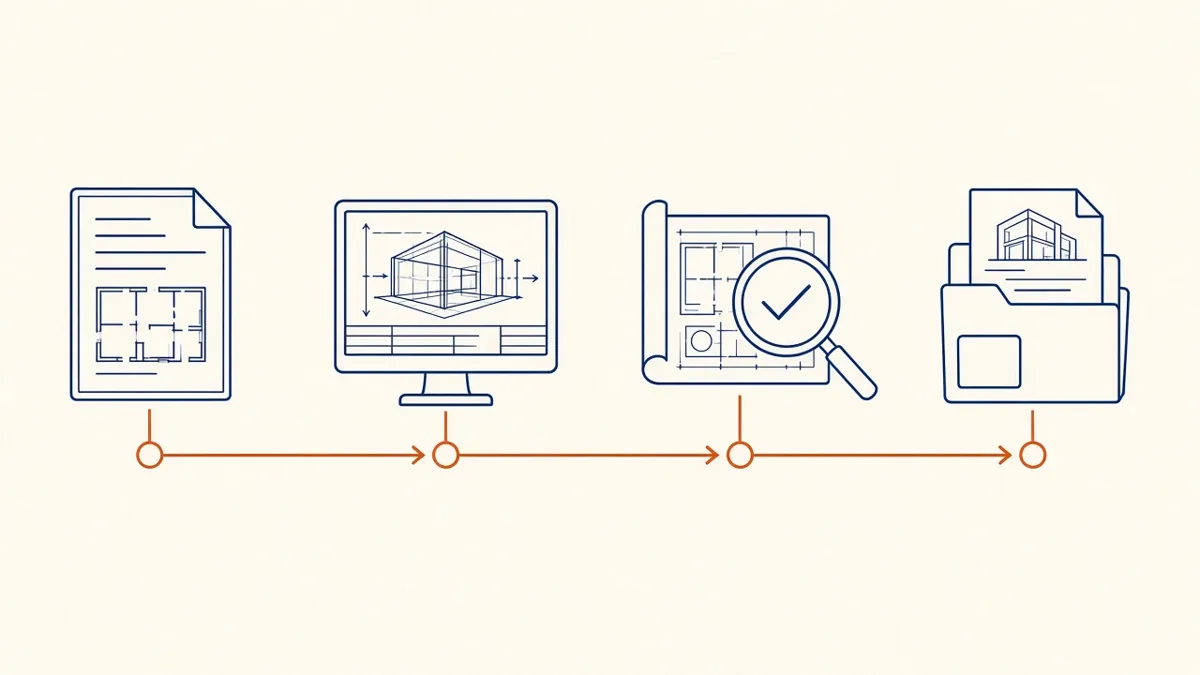 Four connected steps showing a brief, drawing production on a monitor, a review with a checkmark and a delivered folder