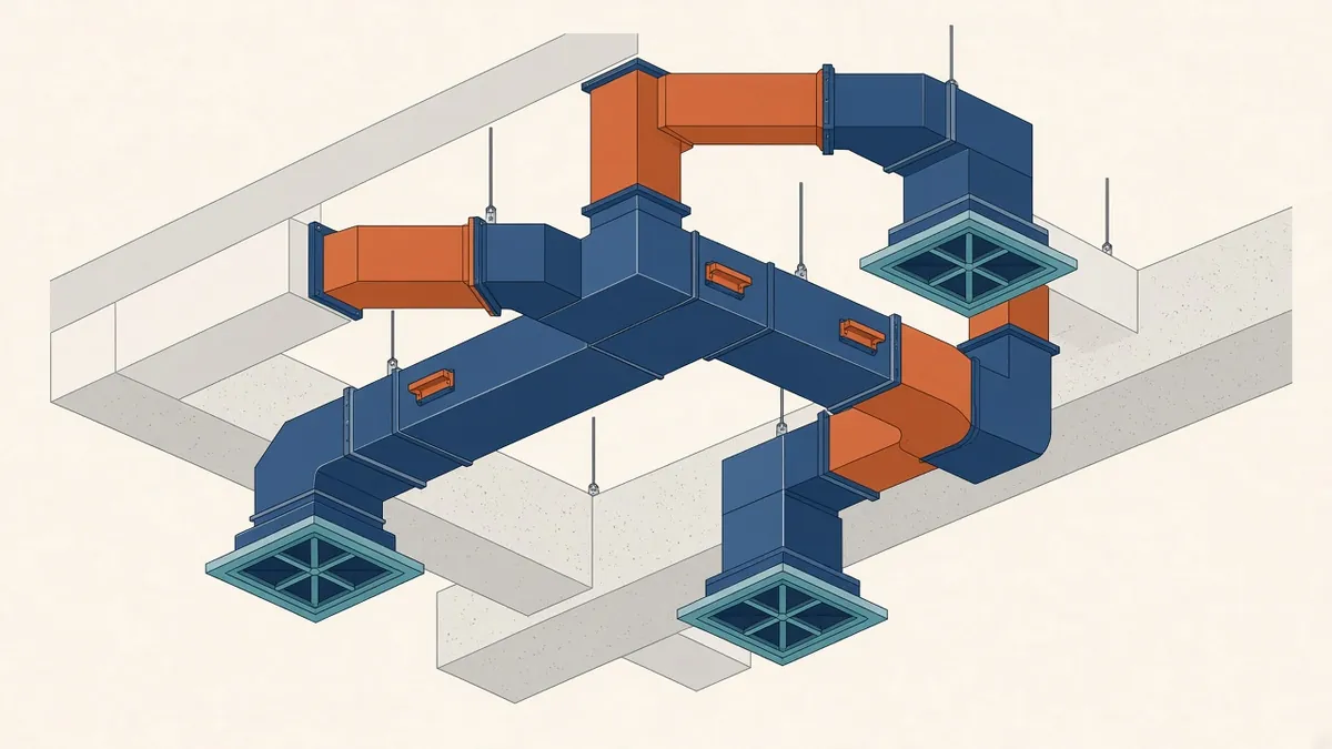 Rectangular supply ducts in a ceiling void connecting to linear diffusers in a ceiling
