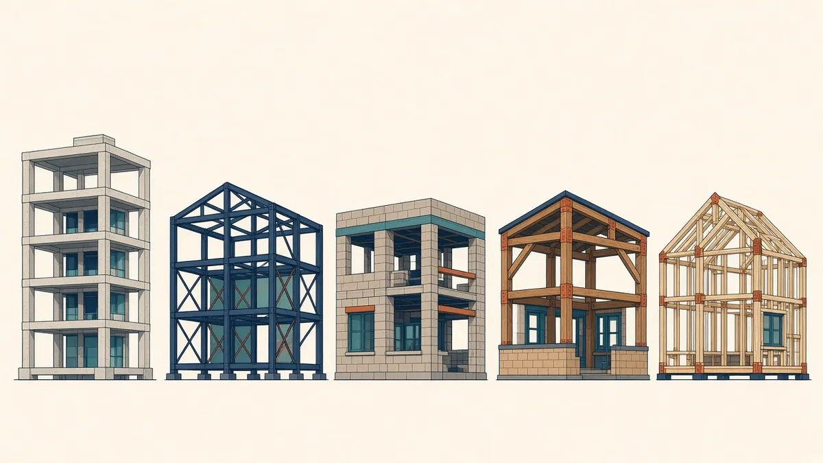 Five building structures side by side from concrete high-rise to timber frame labelled by construction type