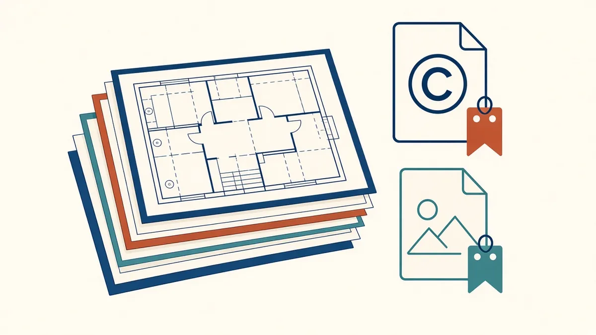 A set of drawings with a copyright symbol and ownership labels on files