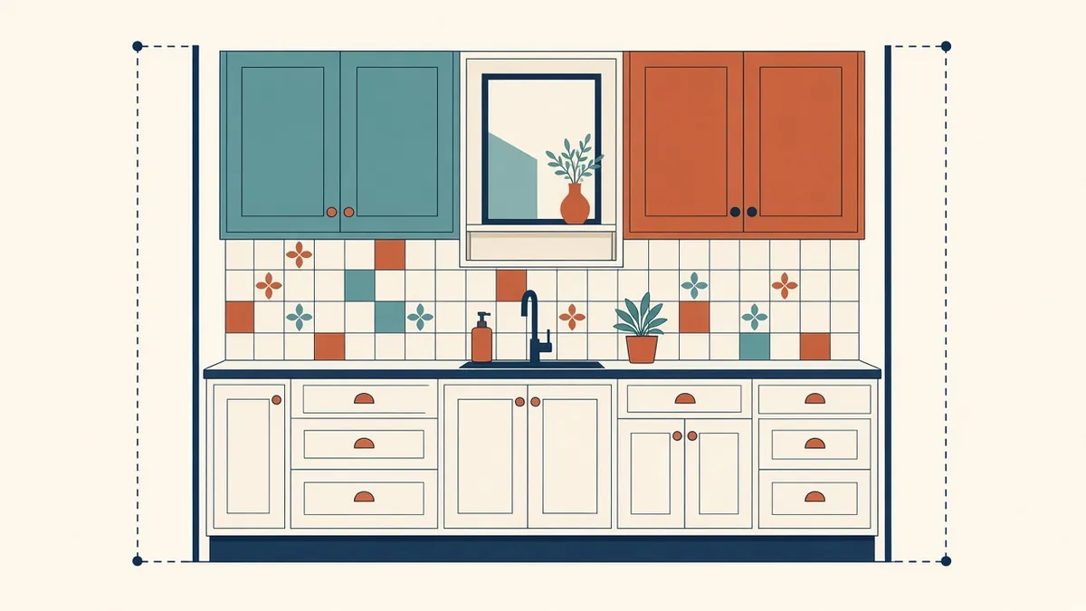An interior wall elevation with cabinets, tiles, mirror and mounting height dimensions
