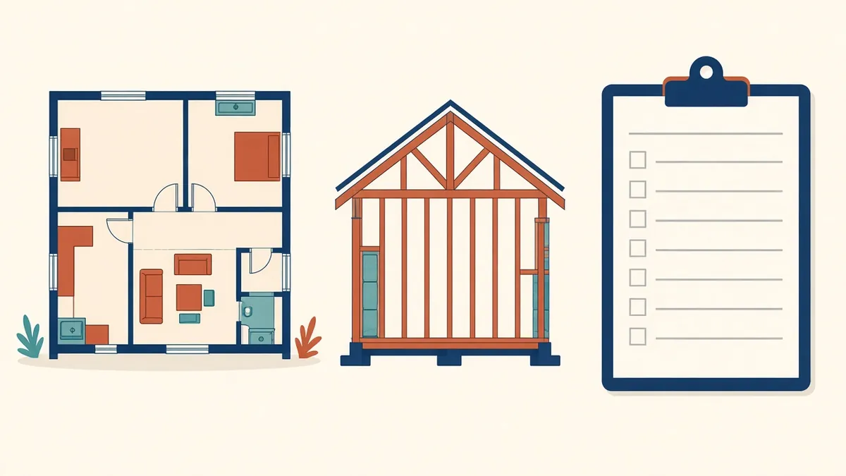 A single-family house plan and section with framing notes and a permit application form