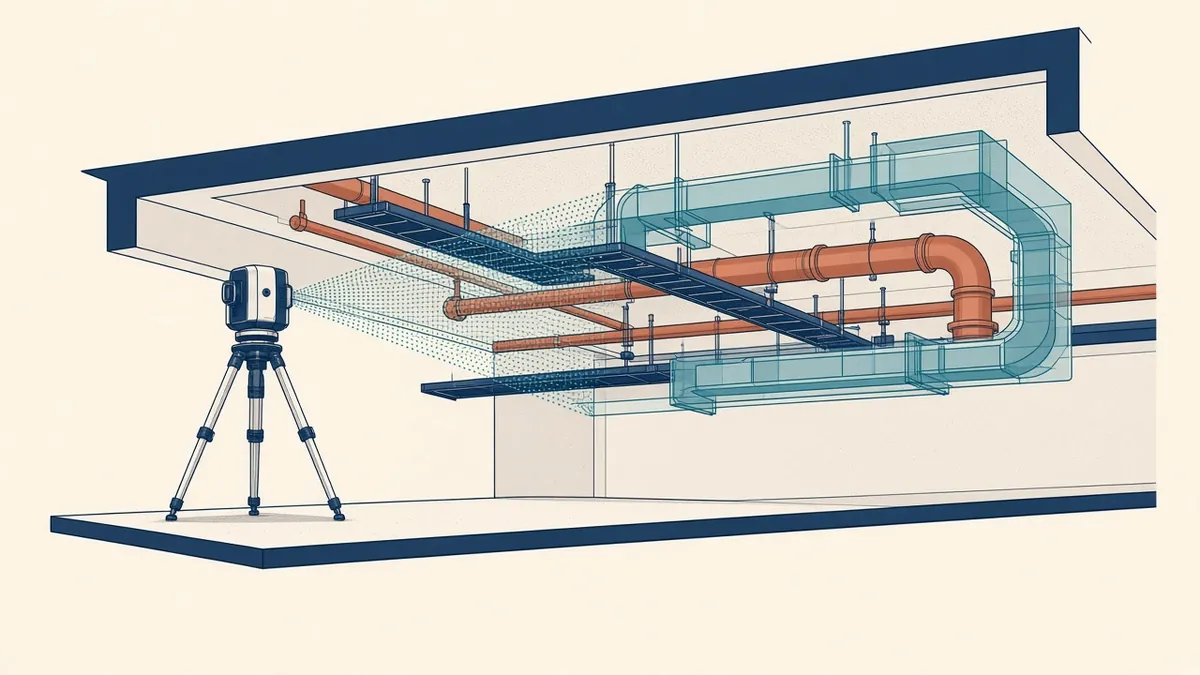 A point cloud of a ceiling void overlaid with the coordinated MEP model in colour