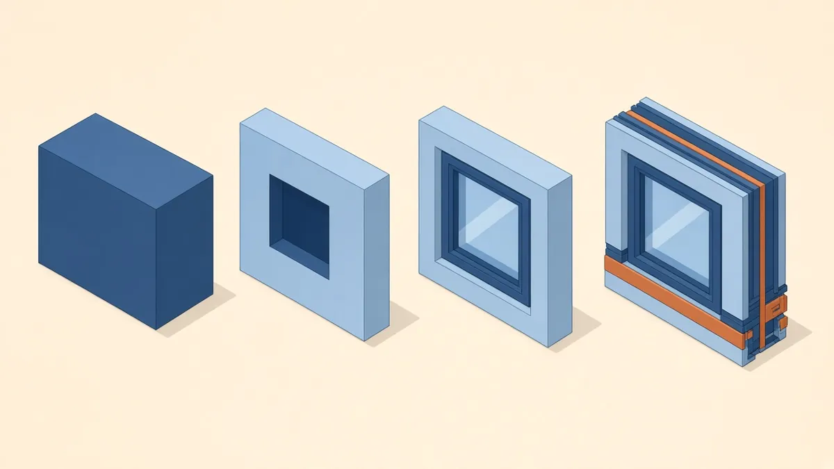 The same wall and window element shown at four increasing levels of BIM detail, from a simple block to a detailed assembly