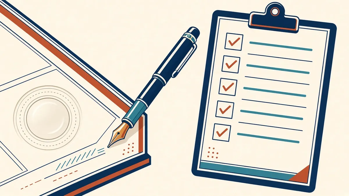 A drawing title block with a professional seal area and a review checklist beside it
