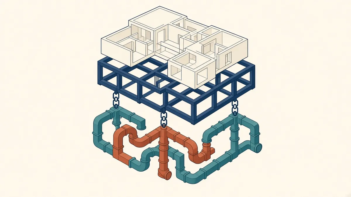 An architectural Revit model with structural and MEP models linked in different colours