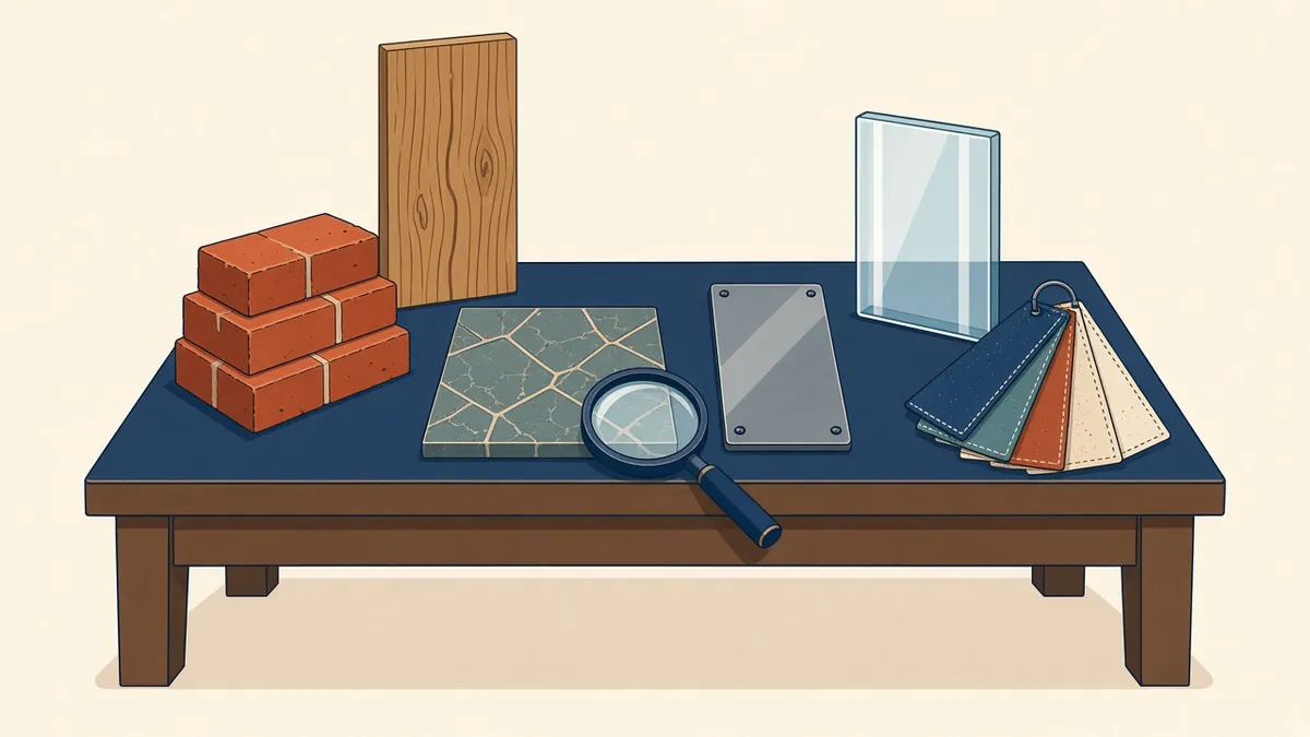Material samples and product data sheets laid out beside a specification document
