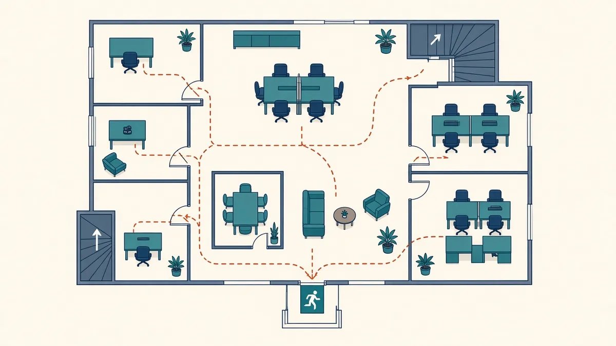 A floor plan with dashed escape routes leading to two protected stair cores and an exit