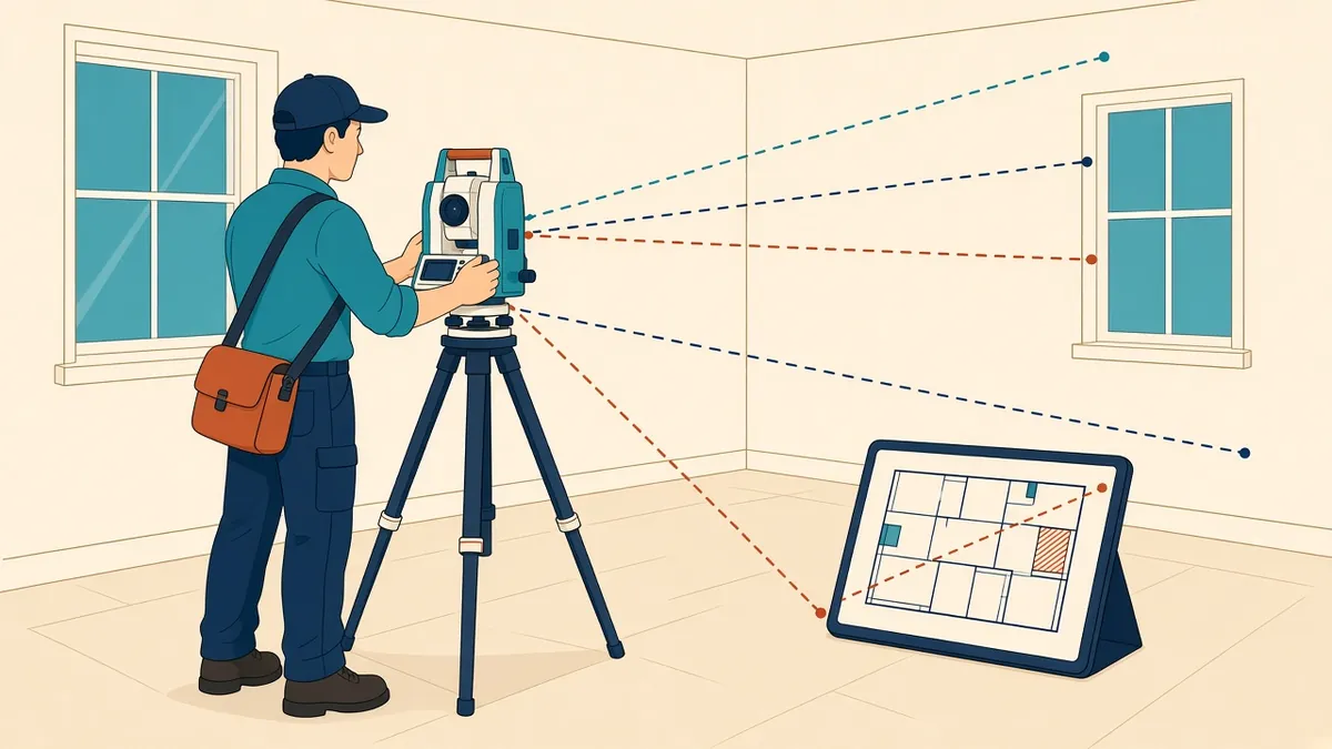 A surveyor with a total station and laser scanner inside an existing building
