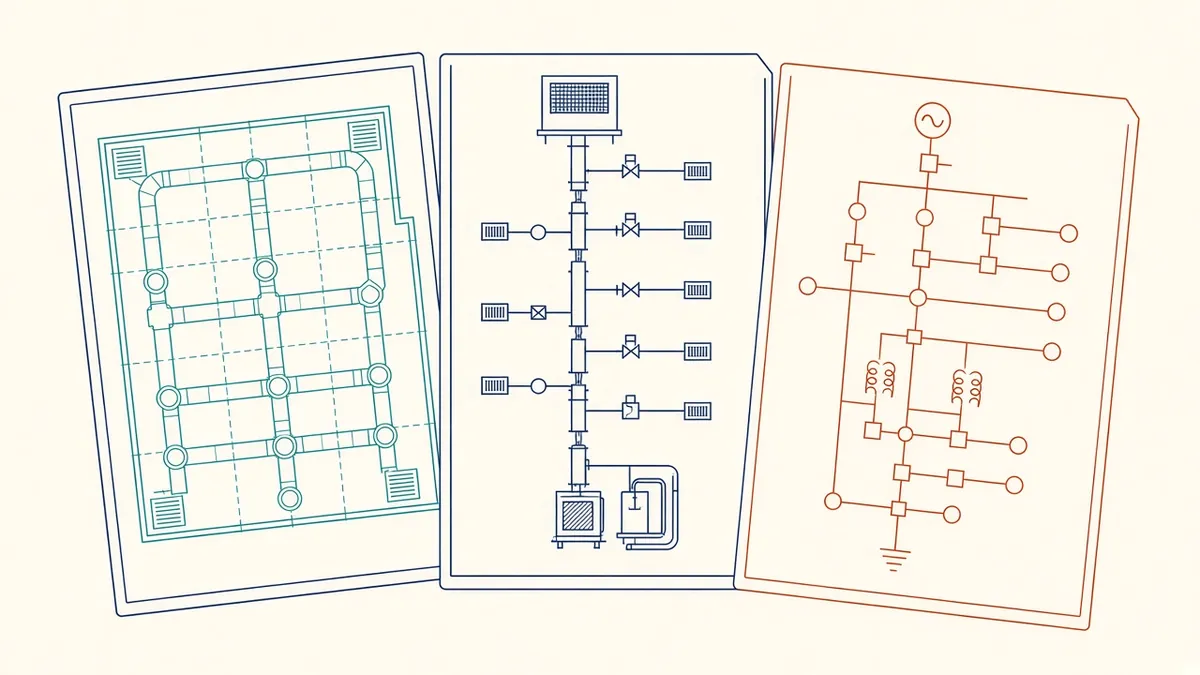 A collection of MEP drawings including a duct layout, riser diagram and electrical schematic