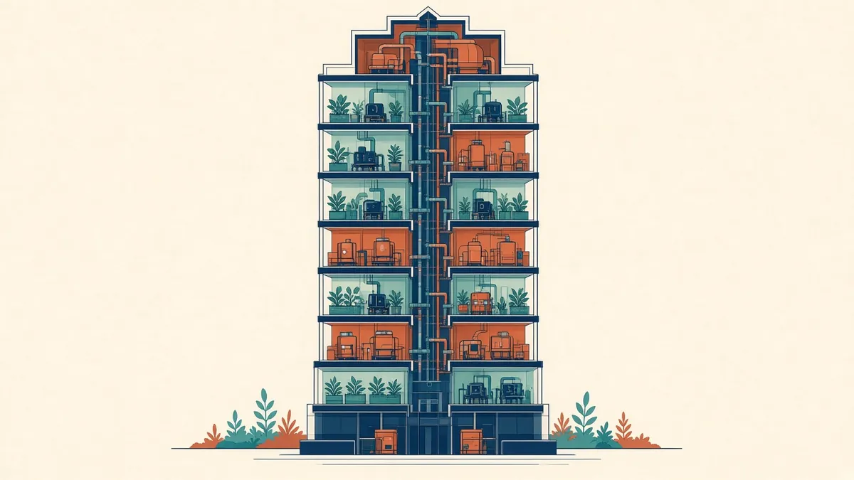 A tall building section with intermediate plant floors, risers and pressure zones highlighted