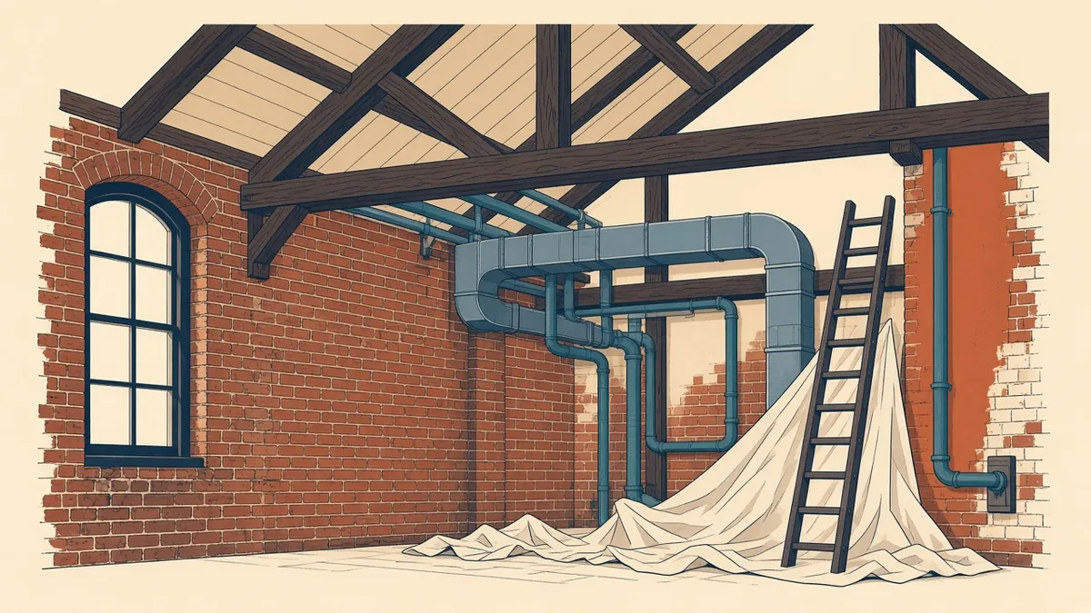 An existing building ceiling opened to reveal old pipes and new ductwork being installed