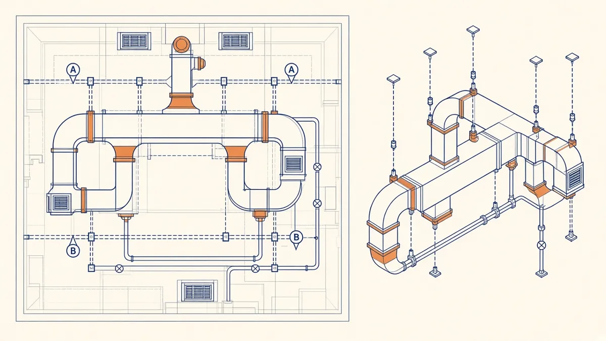 A detailed ductwork and pipework shop drawing with dimensions above a ceiling grid