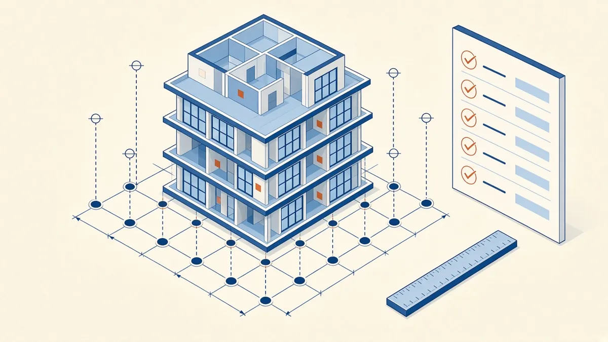 A 3D building model with grid lines and level markers, with green ticks and one orange warning flag