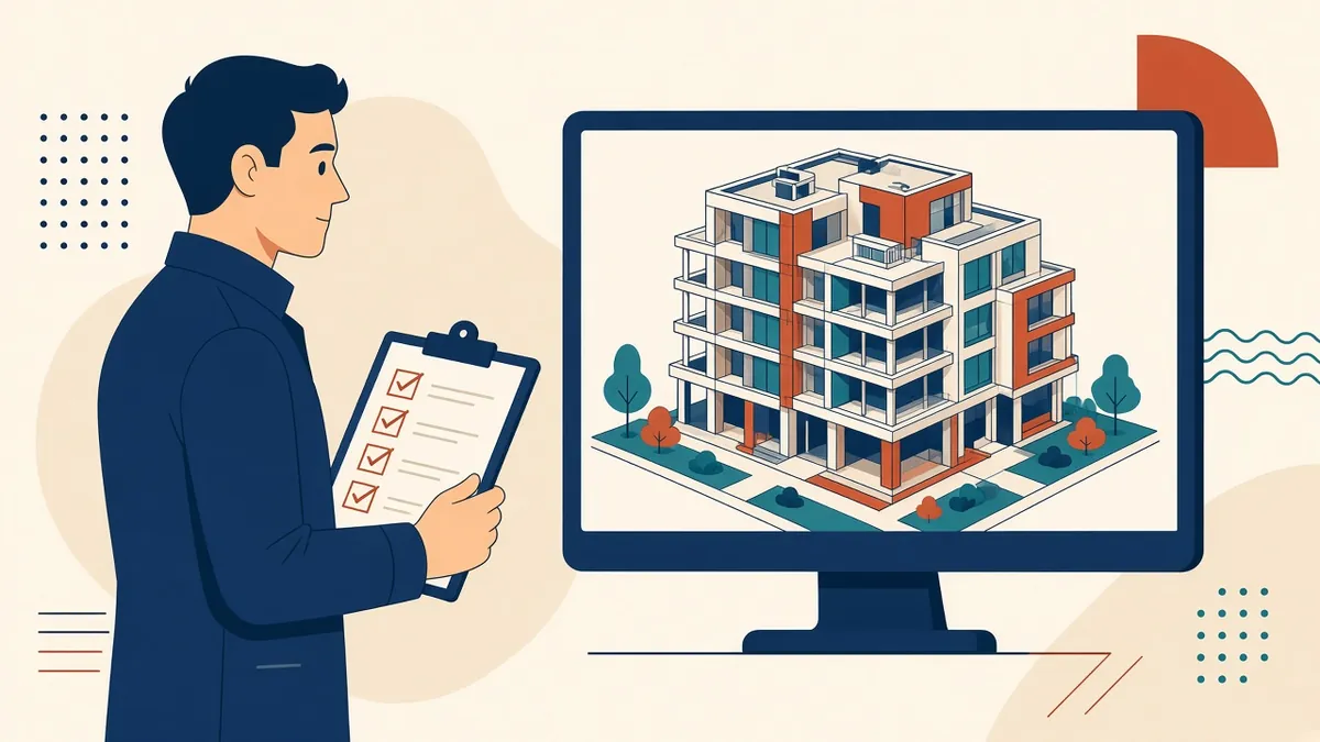 A checklist with ticked items beside a BIM model and a list of audit findings