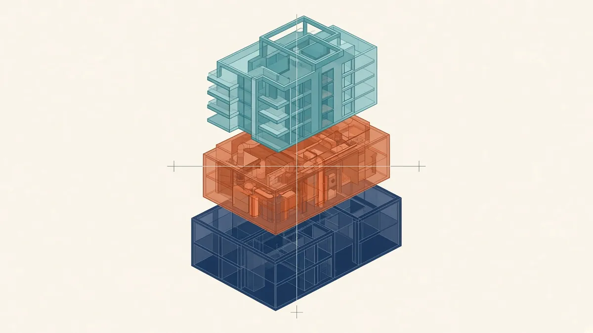Architectural, structural and MEP models overlaid with grids and levels aligned