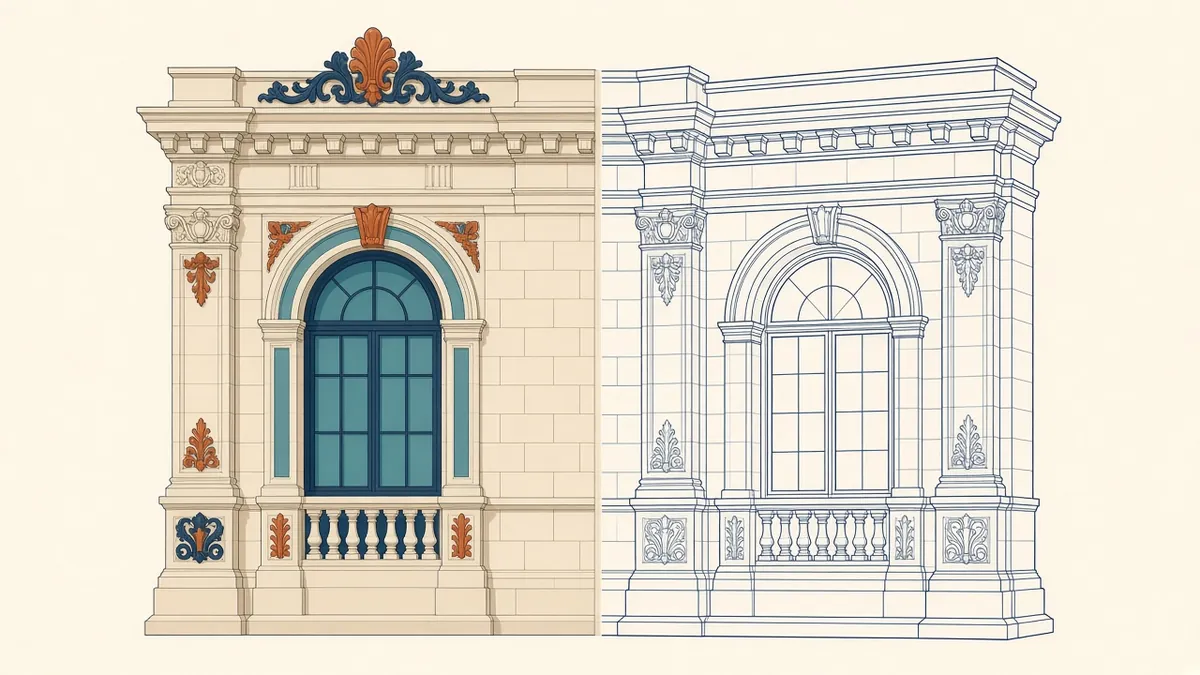 A historic stone facade point cloud beside a detailed BIM model of its mouldings