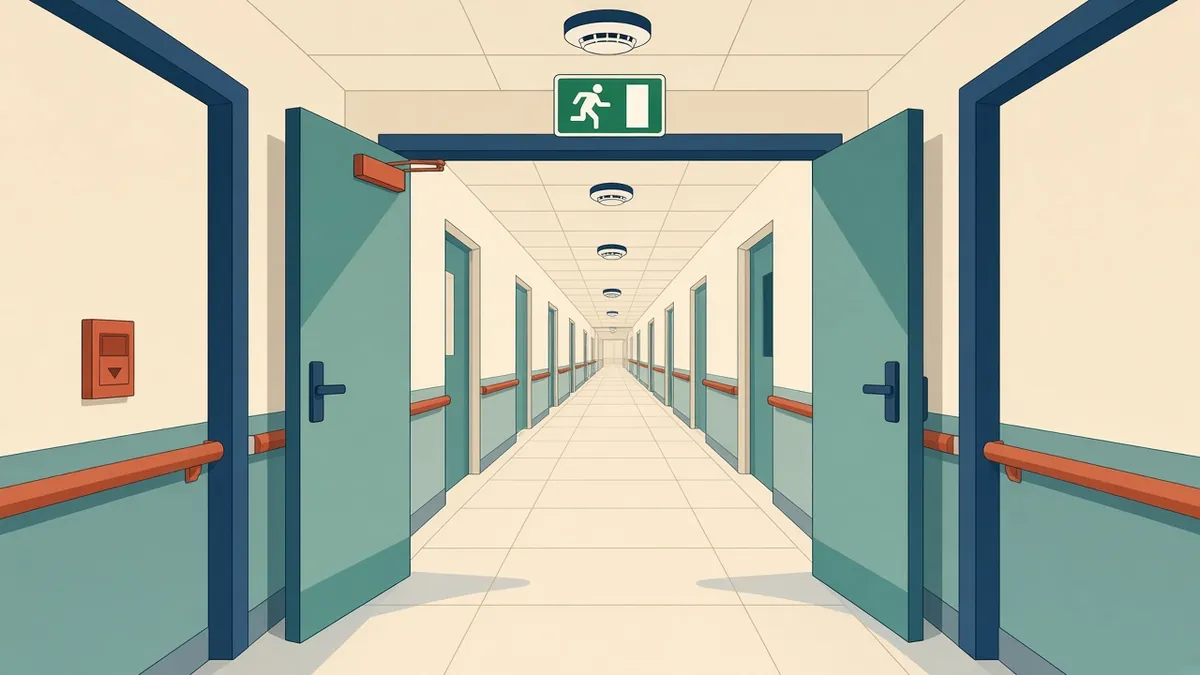 A hospital corridor with smoke compartment doors, exit signage and fire alarm devices