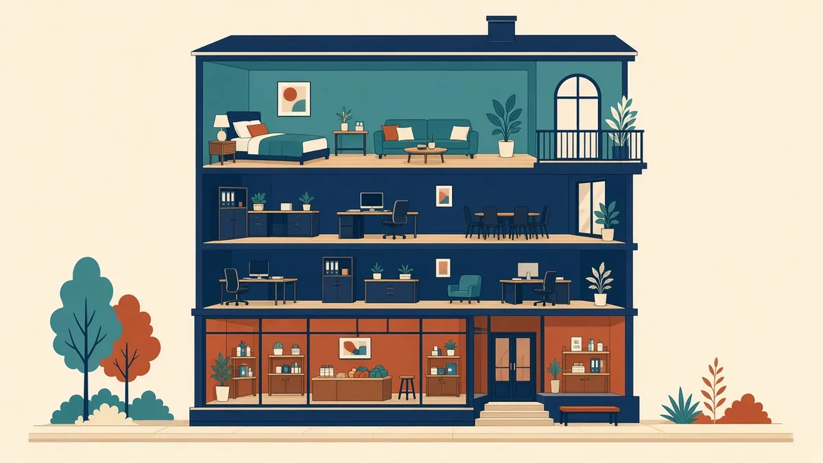 A mixed-use building cutaway with colour-coded floors for retail, offices and apartments