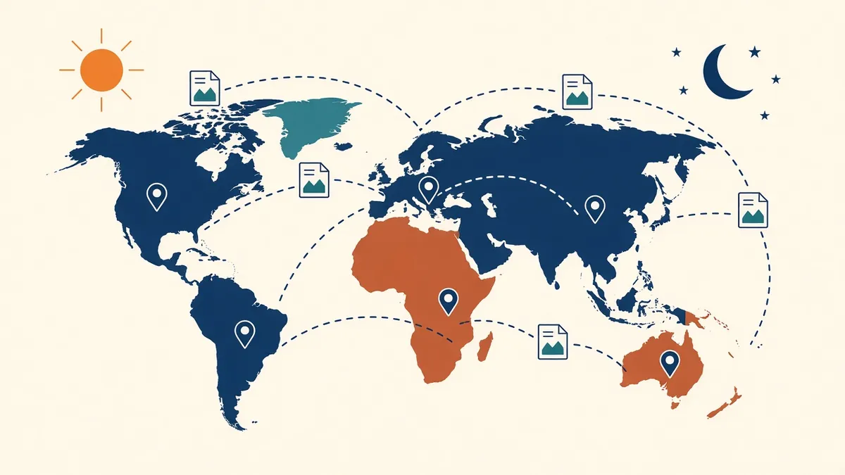 A world map with connected offices across several time zones and drawing files moving between them