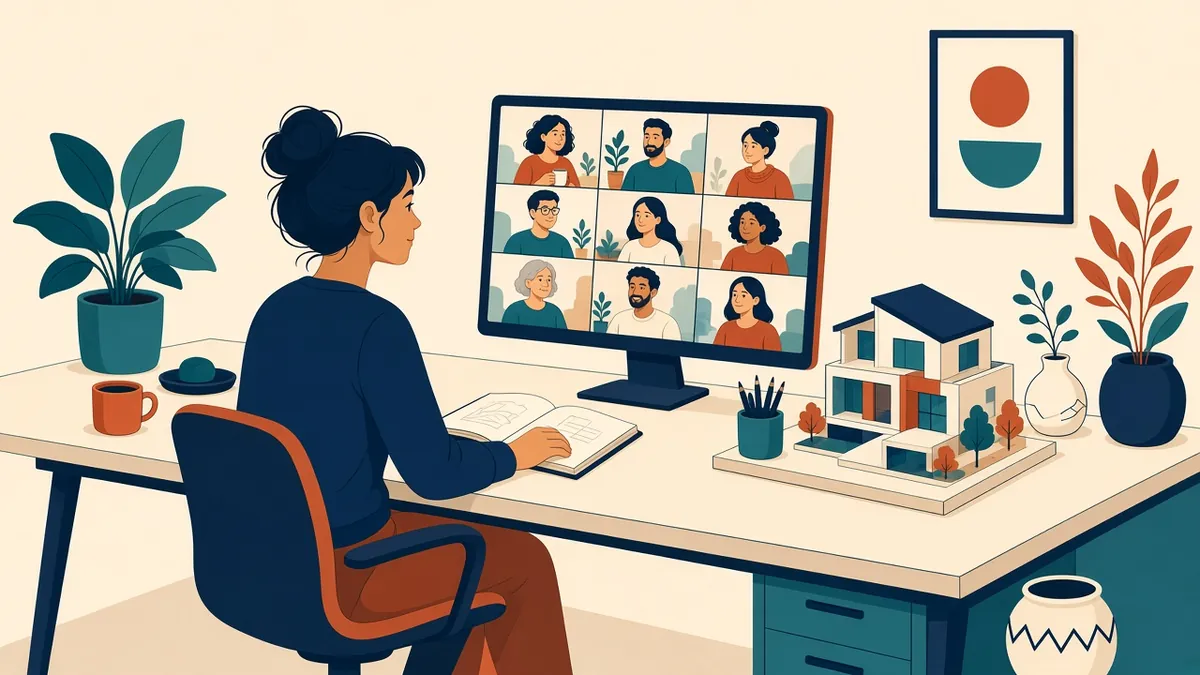 A small studio desk with one Architect on a video call with a remote drafting team