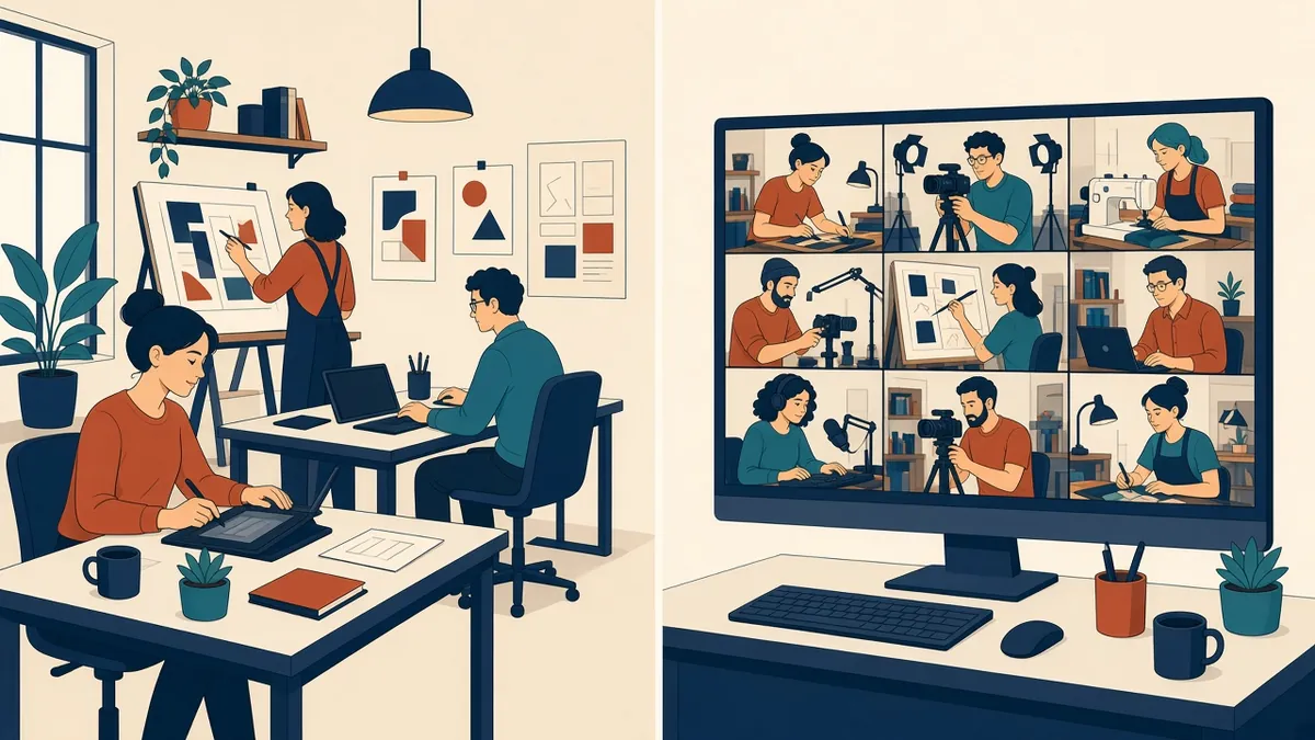 Two office scenes side by side, one with an in-house team and one with a remote production team on screen