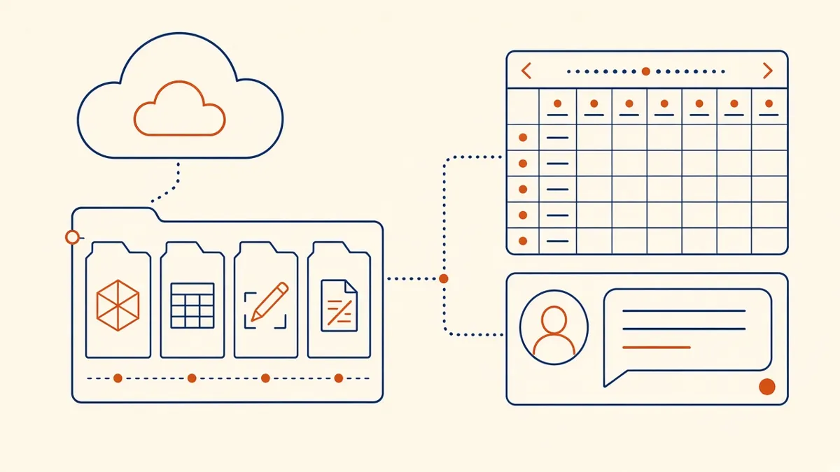 A cloud project folder with model, sheet and markup files connected to a weekly calendar and a chat message