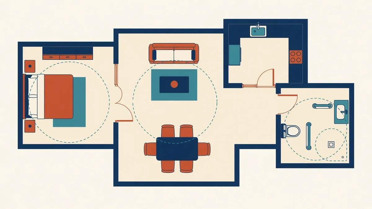 A UK flat plan showing wheelchair turning circles, wide doorways and an accessible bathroom