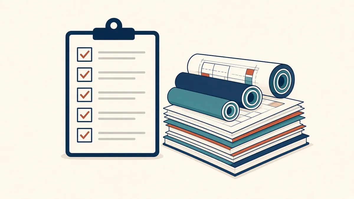A clipboard checklist with ticked items next to a stack of permit drawings