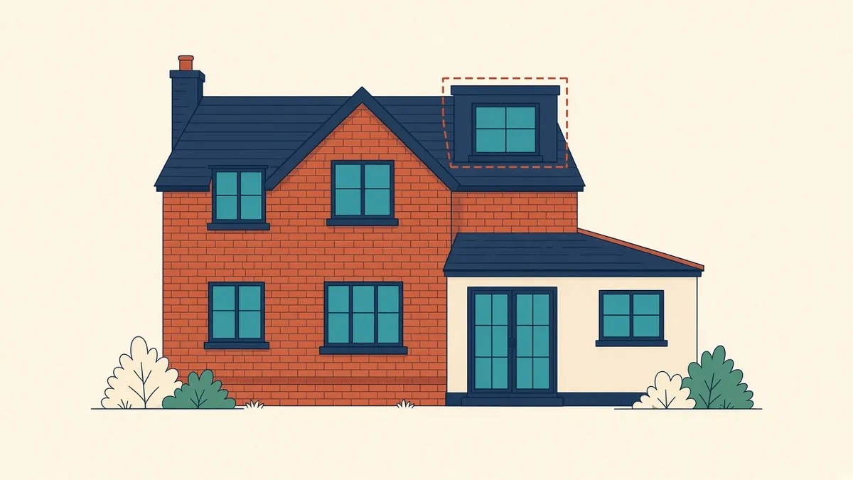 A semi-detached house with a rear extension and loft dormer outlined in dashed lines