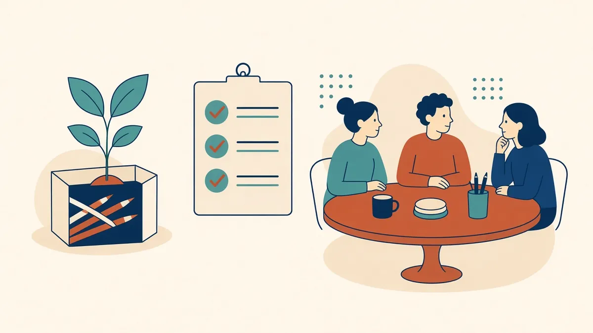 A small drawing package with a checklist of success criteria and a review meeting