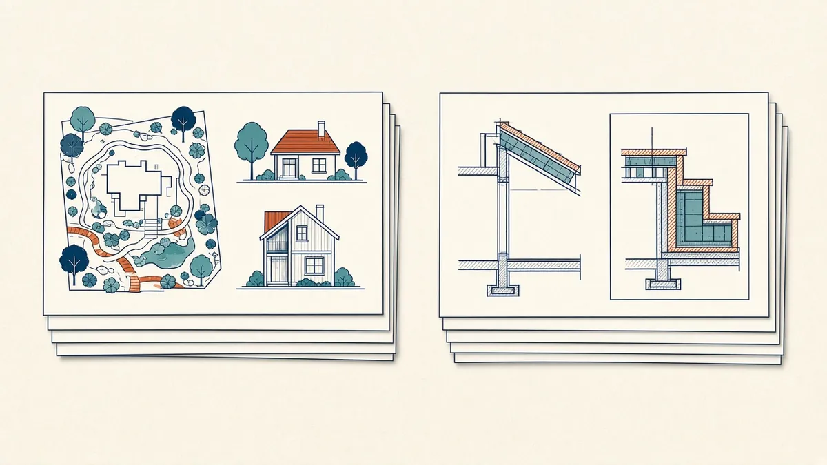 Two stacks of drawings, one with site plans and elevations, the other with technical sections and details