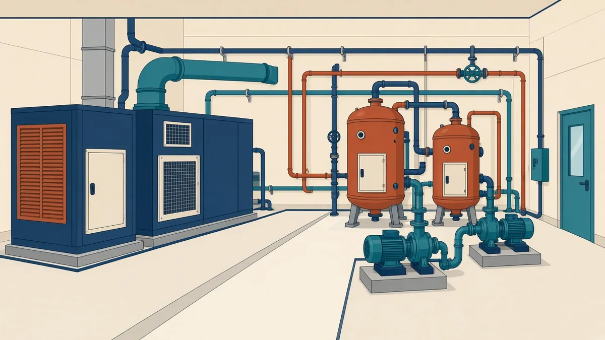 A plant room plan with air handling units, pumps, boilers and maintenance clearance zones