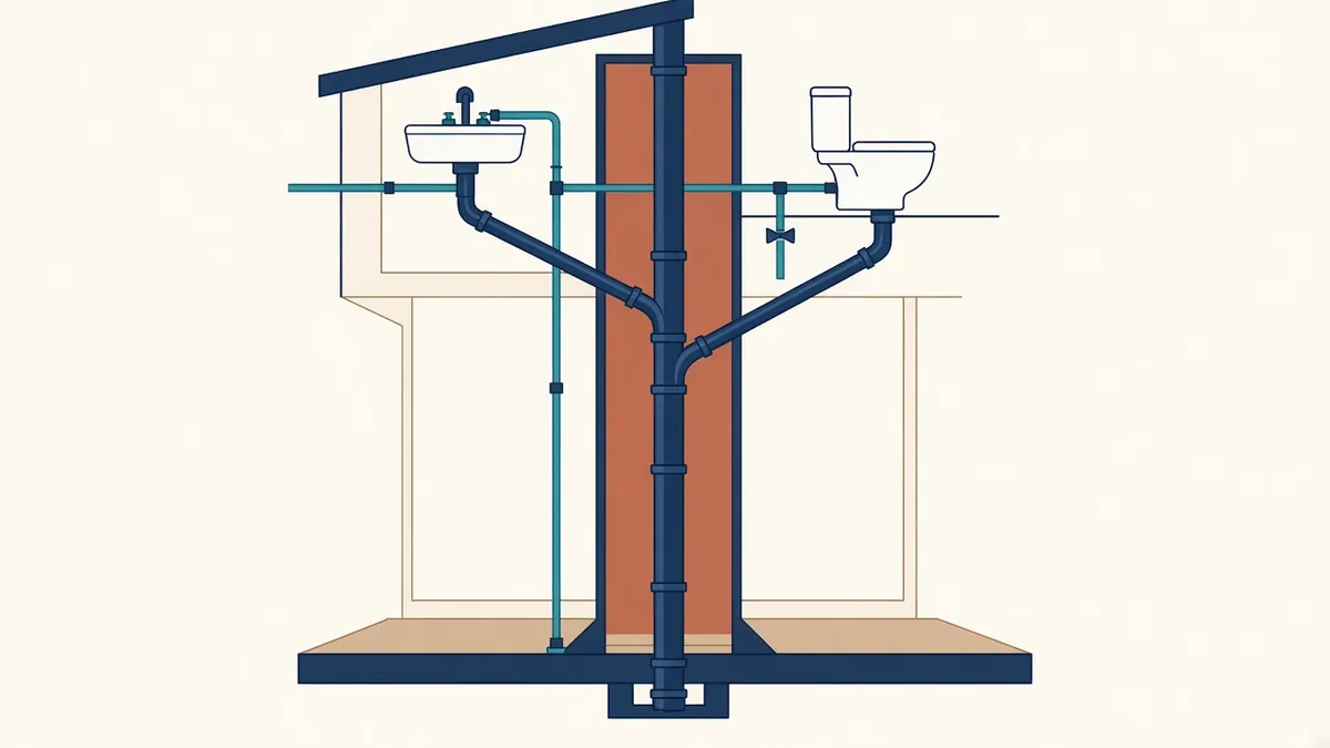 A section through stacked bathrooms showing soil stacks, branch drains and falls