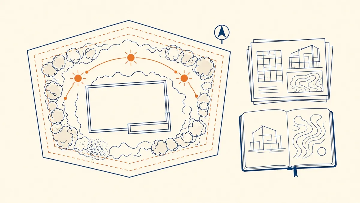 An Architect's desk with a site map, zoning overlay, reference photos, notes and a laptop