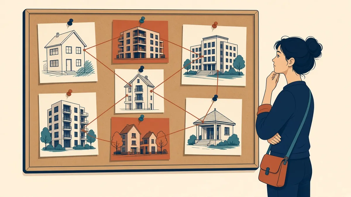 Analytical diagrams of several precedent buildings arranged on a presentation board