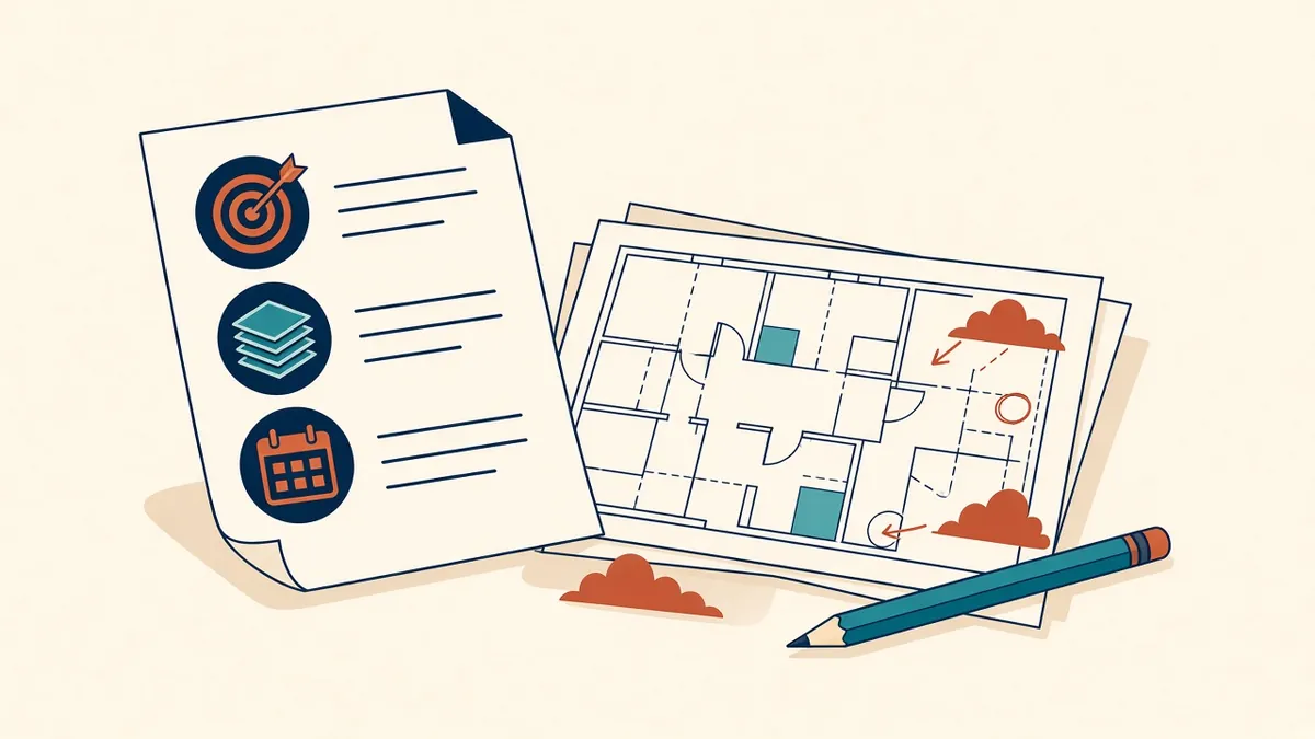 A one-page brief with scope, deliverables and deadlines beside marked-up drawings