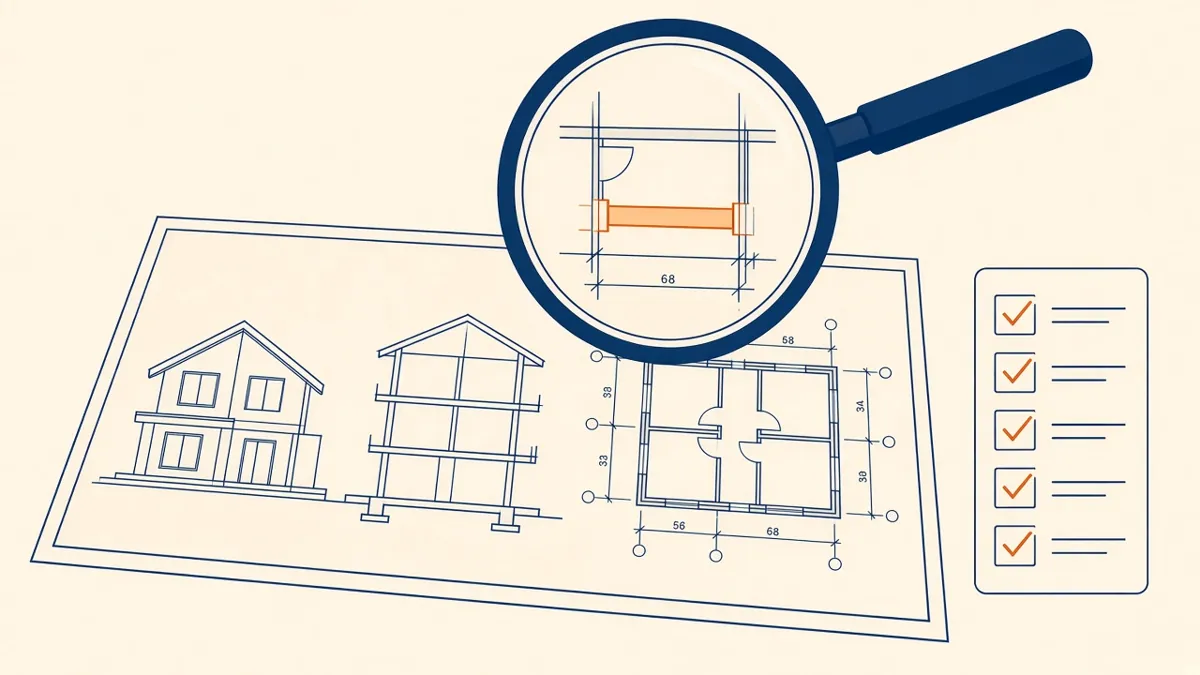 A drawing sheet under a magnifying glass highlighting a dimension, beside a checklist with orange ticks