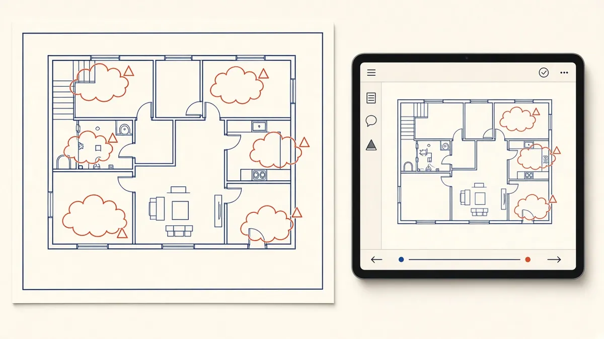 A floor plan with orange markup clouds and revision triangles beside a tablet showing the updated plan