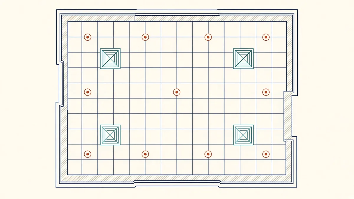 A reflected ceiling plan with ceiling grid, light fittings, diffusers and ceiling height tags