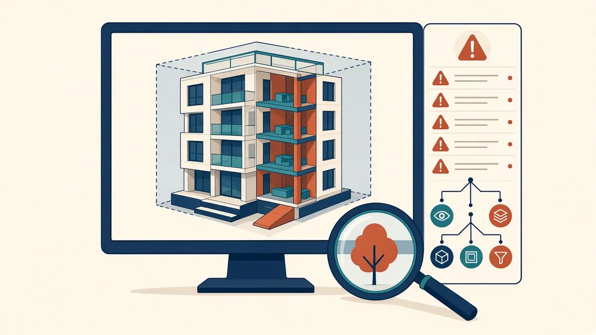 A Revit model on screen with warnings dialog, view browser and a 3D section box