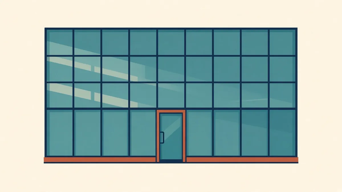 A Revit curtain wall with gridlines, mullion profiles and a door panel inserted into one bay