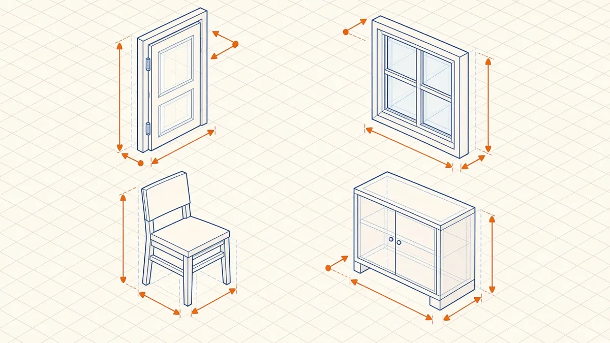 Parametric door, window, chair and cabinet families with orange dimension arrows showing adjustable parameters