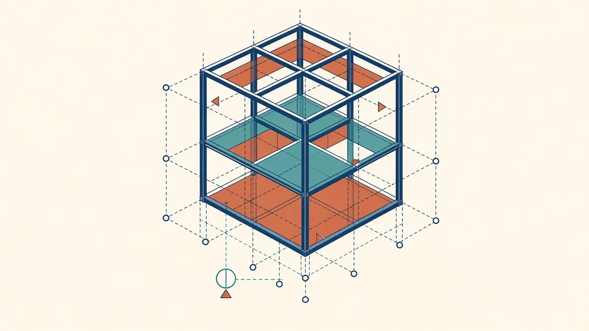 A Revit model with grid bubbles, level heads, a project base point and survey point marked