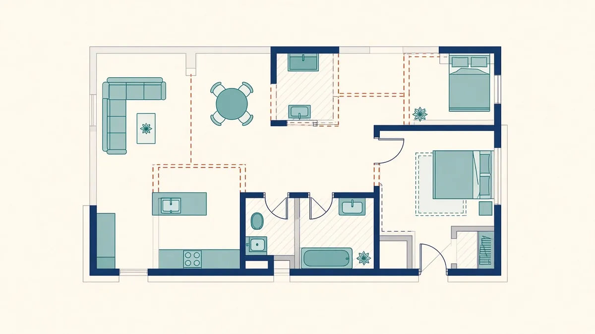 A Revit floor plan with existing walls in grey, demolished walls dashed and new walls in bold