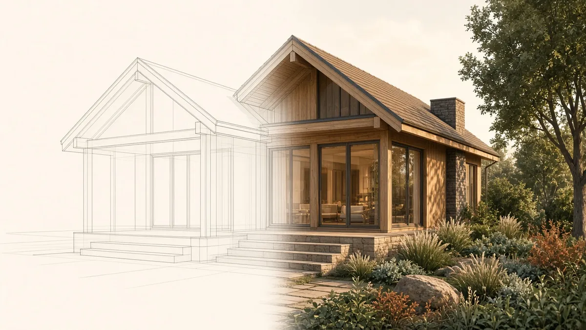 A Revit model turning into a soft-lit exterior visualisation with materials and landscaping