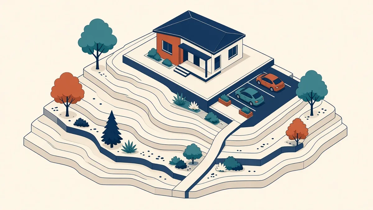 A Revit site model with contoured terrain, a building pad and site components around a building